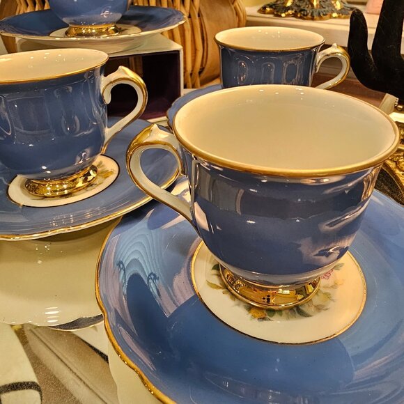 Set 6 Vintage KPM Royal Ivory Floral Turquoise Blue Demitasse Saucer 6 Pc - Picture 10 of 12